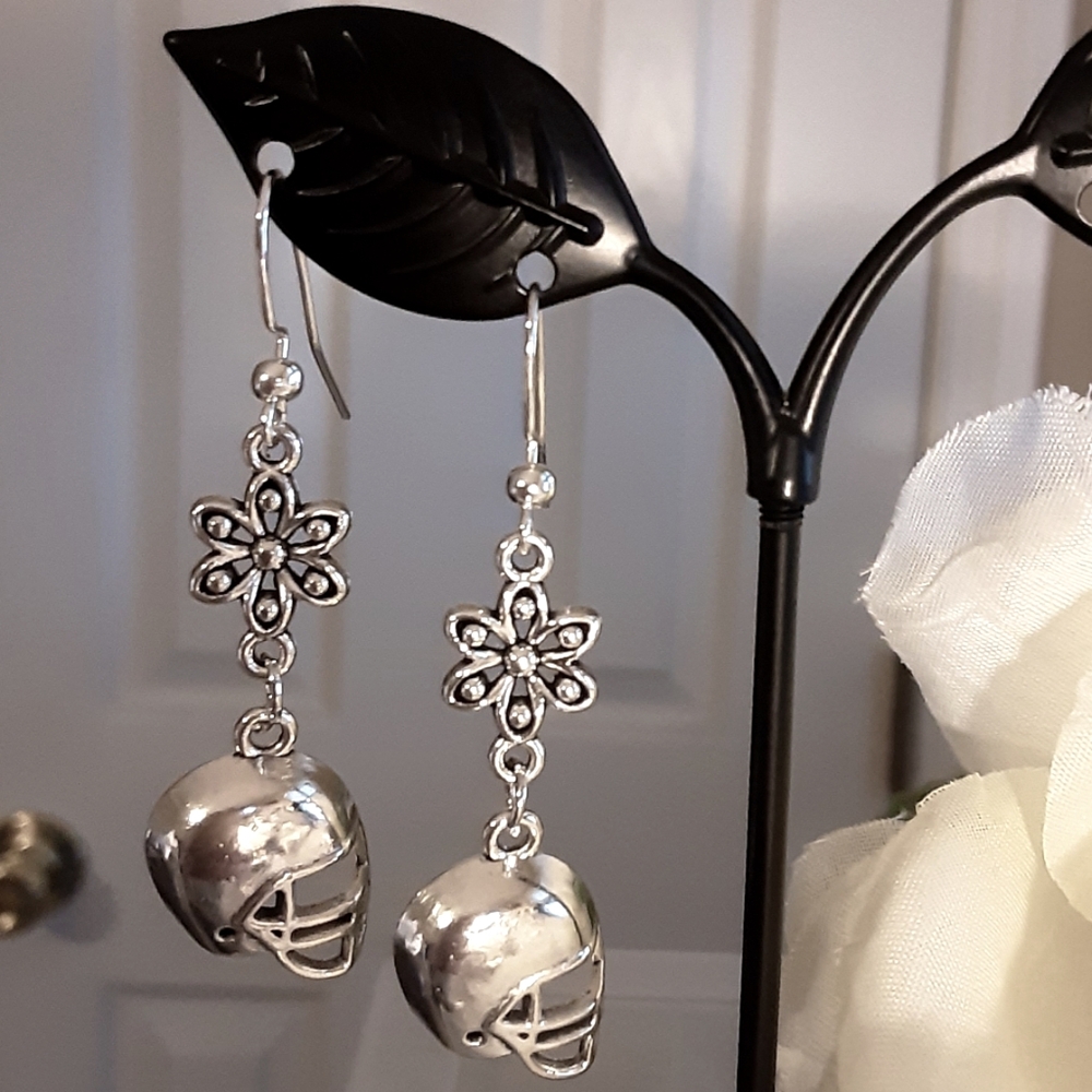 Handmade Football Helmet Dangle Earrings  with Flower Accent Silver